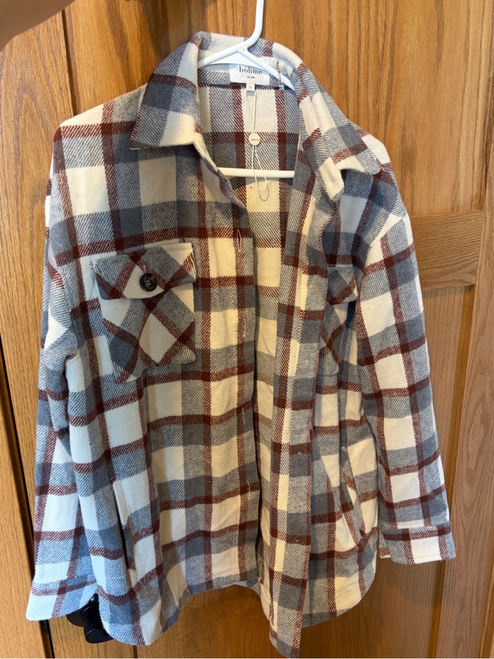 bohme Plaid Jean Shacket in Cream, Gray & Brown